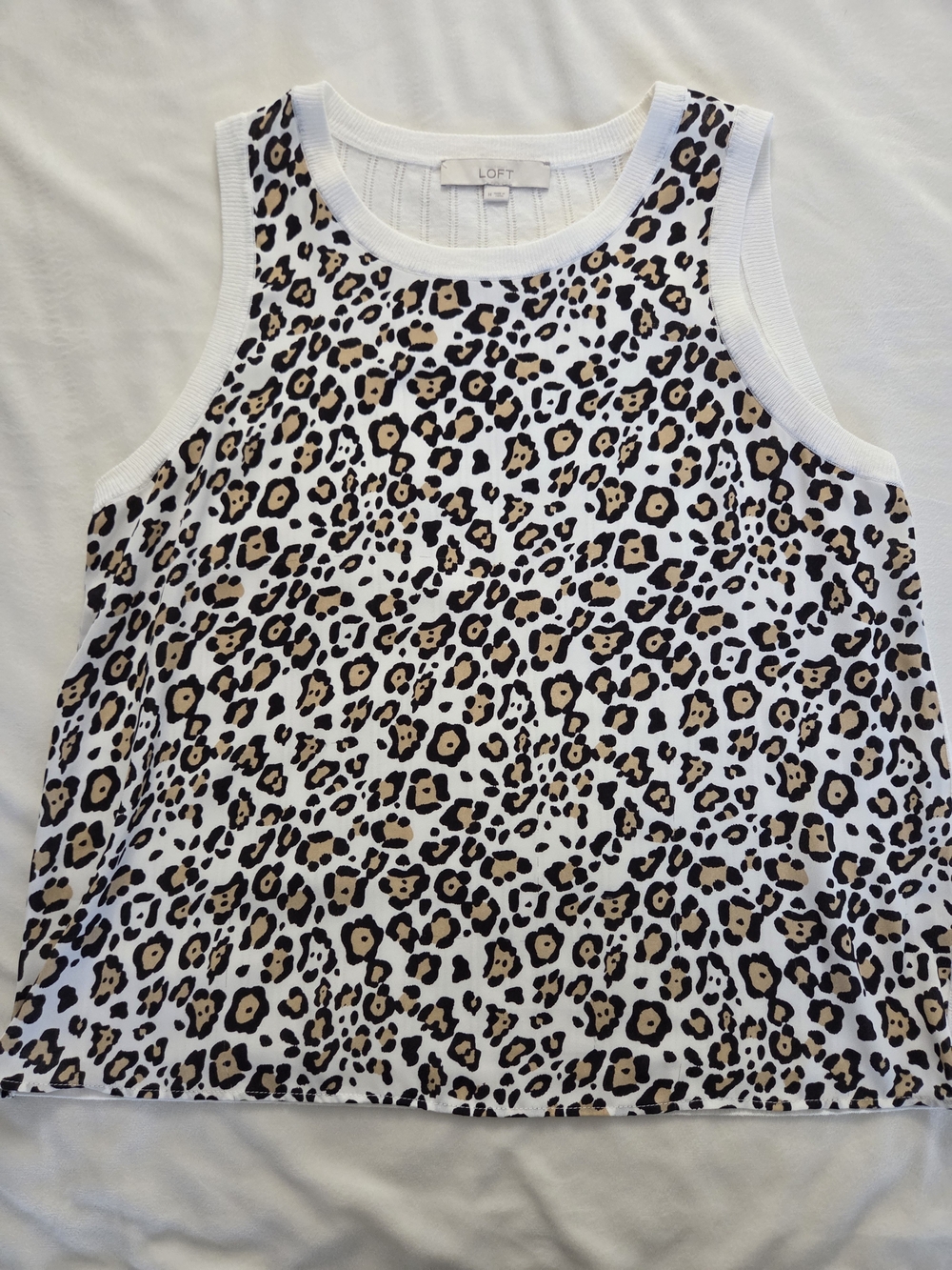 LOFT Leopard Print Pointelle Knit Tank Top White Tan Black Size M